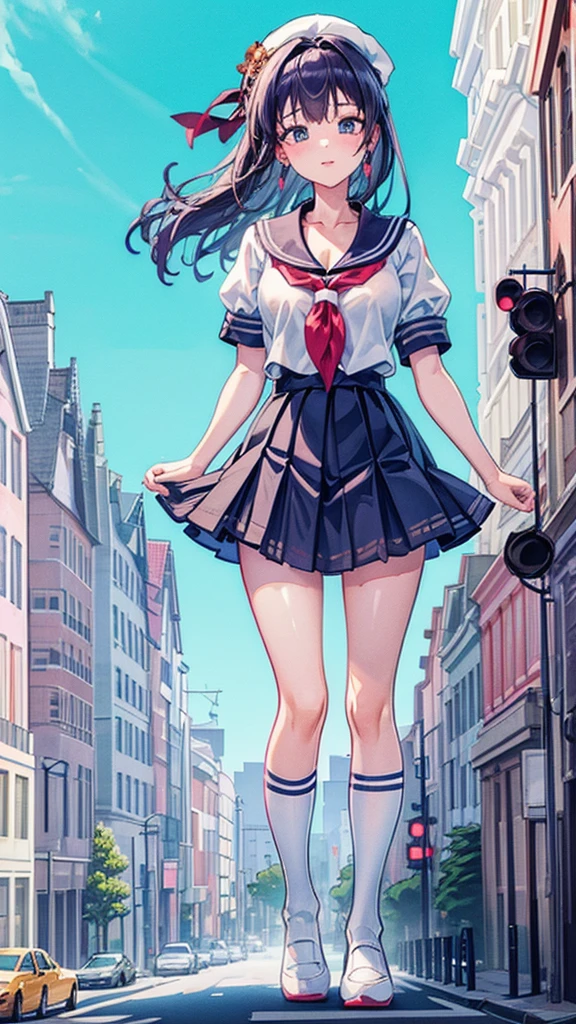 Knot　Unreal Engine　Anime Style　Delicate painting　4K　90's　giant　Multiple Girls　crowd　School building 　City　　School buildingの谷間に立っている巨大な女子高生　school uniform　Sailor suit　skirt　Black Hair　　smile　female giant giant girl Whole body 　 skyscrapers cars Crowd Unreal Engine,cleavage ,a drawing of a , earrings, long hair, 1980s (style) Cute picture　Beauty　Analog style　whole body　sneakers　
