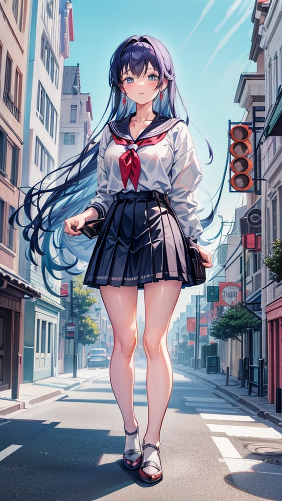 Knot　Unreal Engine　Anime Style　Delicate painting　4K　90's　giant　Multiple Girls　crowd　School building 　City　　School buildingの谷間に立っている巨大な女子高生　school uniform　Sailor suit　skirt　Black Hair　　smile　female giant giant girl Whole body 　 skyscrapers cars Crowd Unreal Engine,cleavage ,a drawing of a , earrings, long hair, 1980s (style) Cute picture　Beauty　Analog style　whole body　sneakers　