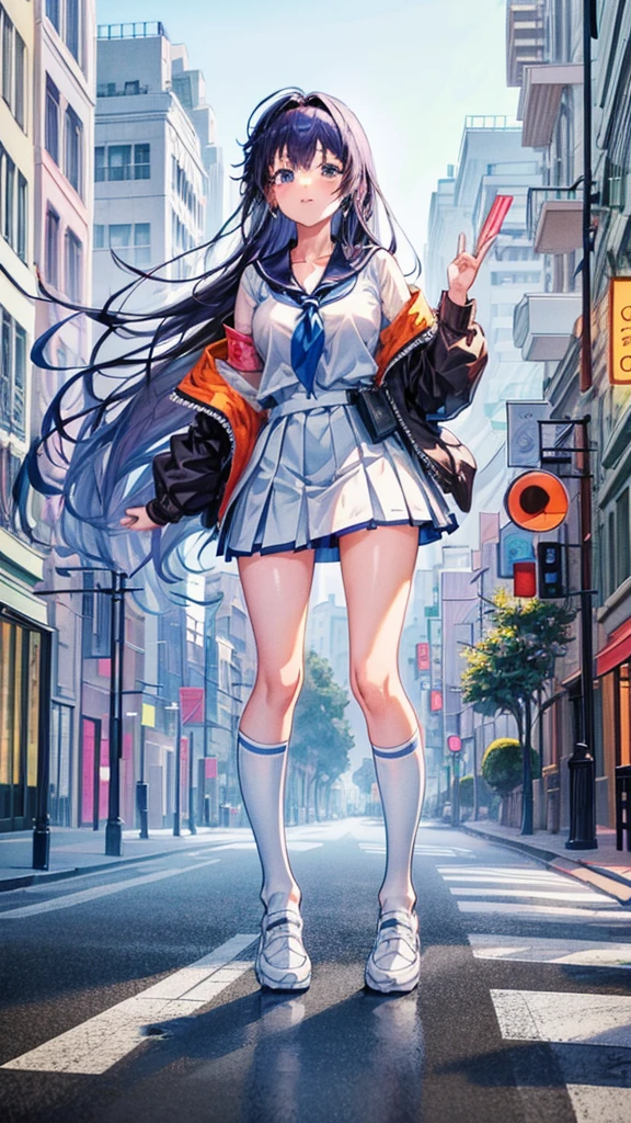 Knot　Unreal Engine　Anime Style　Delicate painting　4K　90's　giant　Multiple Girls　crowd　School building 　City　　School buildingの谷間に立っている巨大な女子高生　school uniform　Sailor suit　skirt　Black Hair　　smile　female giant giant girl Whole body 　 skyscrapers cars Crowd Unreal Engine,cleavage ,a drawing of a , earrings, long hair, 1980s (style) Cute picture　Beauty　Analog style　whole body　sneakers　