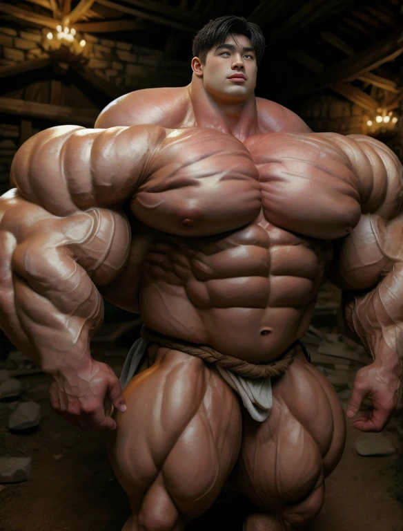 1 asian boy, giant, alone, giant bodybuilder, dim light, strong body, bulk, large size, staring, standing at abandoned dungeon, naked, nude, white simple loincloth, big bulge, extraordinary big, brutalmass, giant muscular body, bulk, buff, massive body, large meaty body size, extremely wide body, sweaty, brown skin