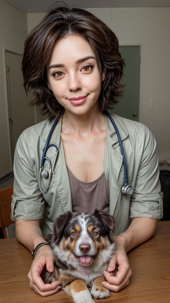 A realistic portrait of an Australian Shepherd, who is disguised as a doctor, in anime style. The dog sits at his table in a doctor's office, wears a white lab coat and has typical doctor accessories around him. Seine freundlichen Gesichtszüge und Augen sind in anime style hervorgehoben, With large, shining eyes and a loving pose, perhaps with a gentle smile or a friendly gesture. In the background there is a shelf with medical books and on the wall there are pictures, that fit a typical doctor’s office. 4K, muito detalhado, professional coloring, extremely detail.