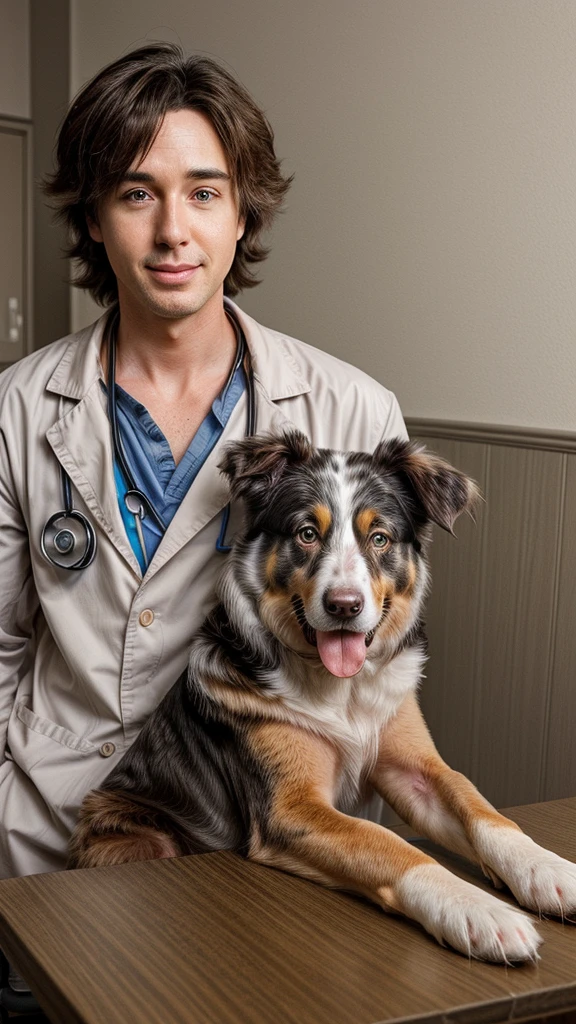 A realistic portrait of an Australian Shepherd, who is disguised as a doctor, in anime style. The dog sits at his table in a doctor's office, wears a white lab coat and has typical doctor accessories around him. Seine freundlichen Gesichtszüge und Augen sind in anime style hervorgehoben, With large, shining eyes and a loving pose, perhaps with a gentle smile or a friendly gesture. In the background there is a shelf with medical books and on the wall there are pictures, that fit a typical doctor’s office. 4K, muito detalhado, professional coloring, extremely detail.