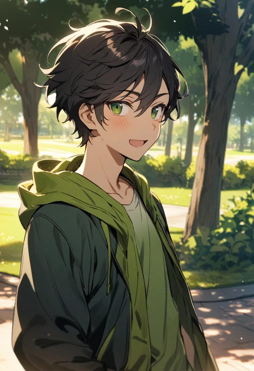 young male, dark short hair, dark green open hoodie, bug theme, eye bags, park background, friendly