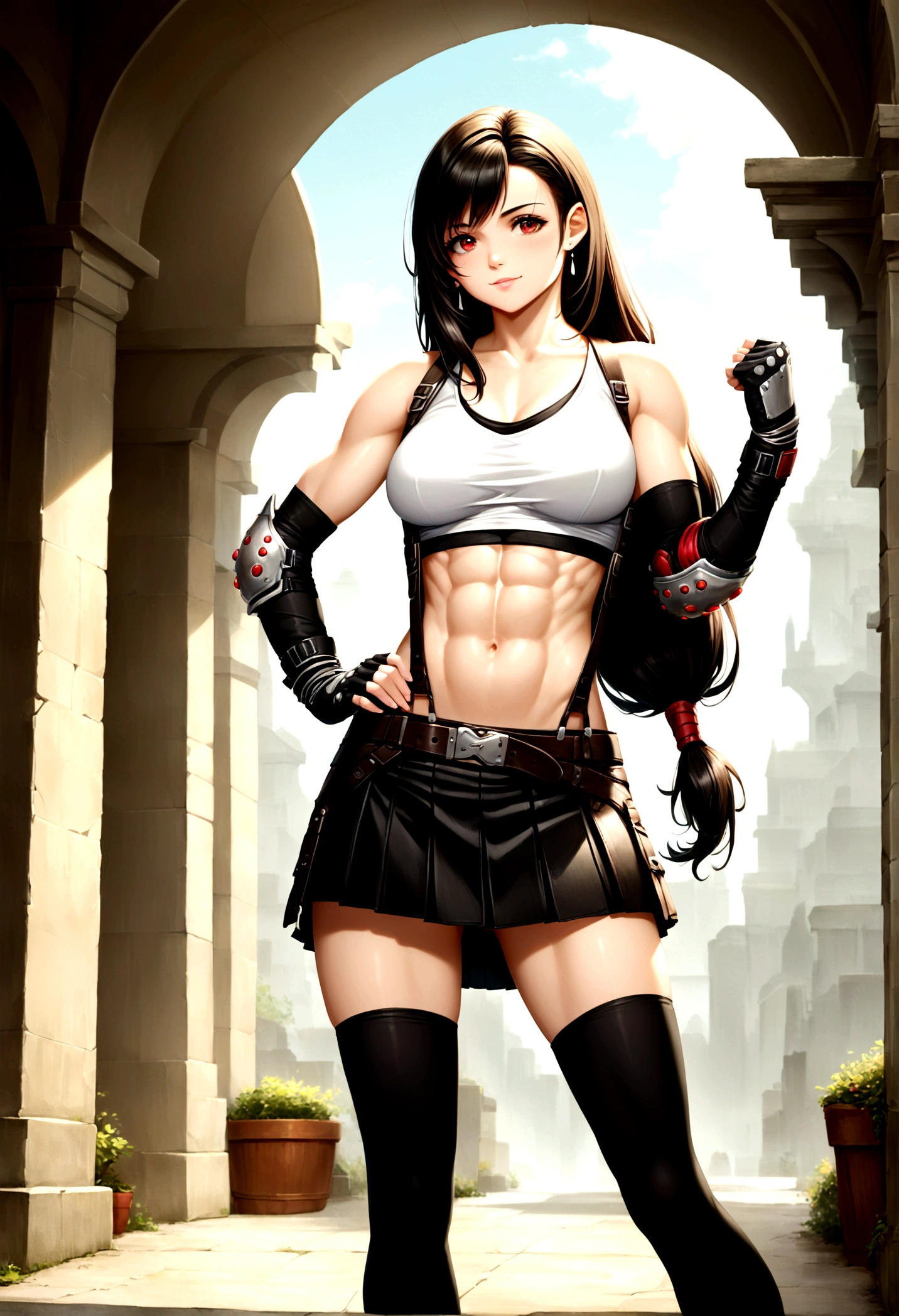 score_9, score_8_up, score_7_up,score_6, score_5,BREAK , ,from front,side view,side angle,pov,straight-on,,standing,contrapost, ,,straight-on,Solo ,1girl, tifa lockhart, final fantasy, ,black hair, low-tied long hair, red eyes, bangs, (white tank top, belt, pleated skirt, thighhighs, elbow fingerless gloves, elbow pads, midriff, navel,suspender skirt),beautiful abs,(large_breast:1.2),light smile,fist,hand on own hip,daytime,outdoor,(ultra detailed),(best quality),(aesthetic,very aesthetic),UHD,photorealistic,extremely detailed CG unity 8k wallpaper,anime,depth of field,,, 　　