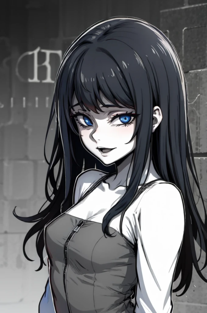 From_brlow, edgGesugao facial expression, curvy blue eyed girl with long wavy black hair and small breasts 