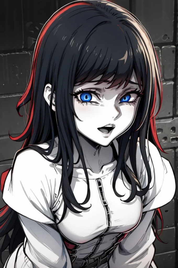 edgGesugao facial expression, curvy blue eyed girl with long wavy black hair and small breasts 