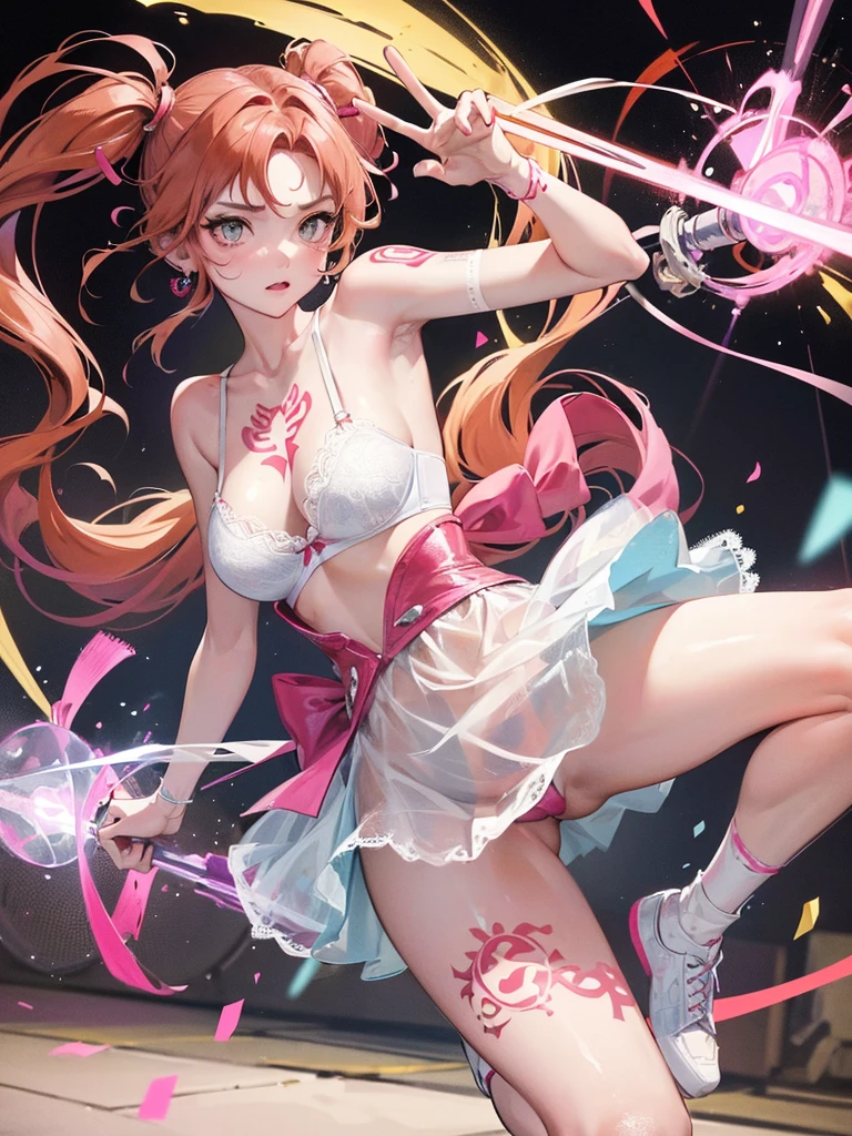 a girl, red hair, two pigtails (one pink and one blue), blonde, white shirt with a transparent texture, lace bra, full body, brown eyes looking at the viewer, possessive look, white skin, earrings in her ears, colorful tattoos in the arm and legs