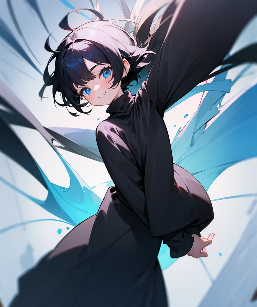 a small yound girl with black hair and blue eyes smiling, she is wearing black clothings with a thick white sweater that is open