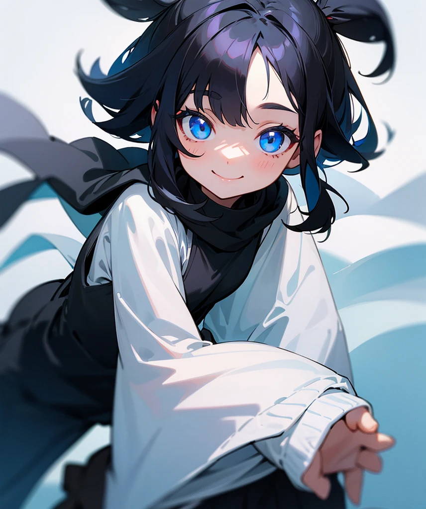 a yound girl with black hair and blue eyes smiling, she is wearing black clothings with a thick white sweater that is open