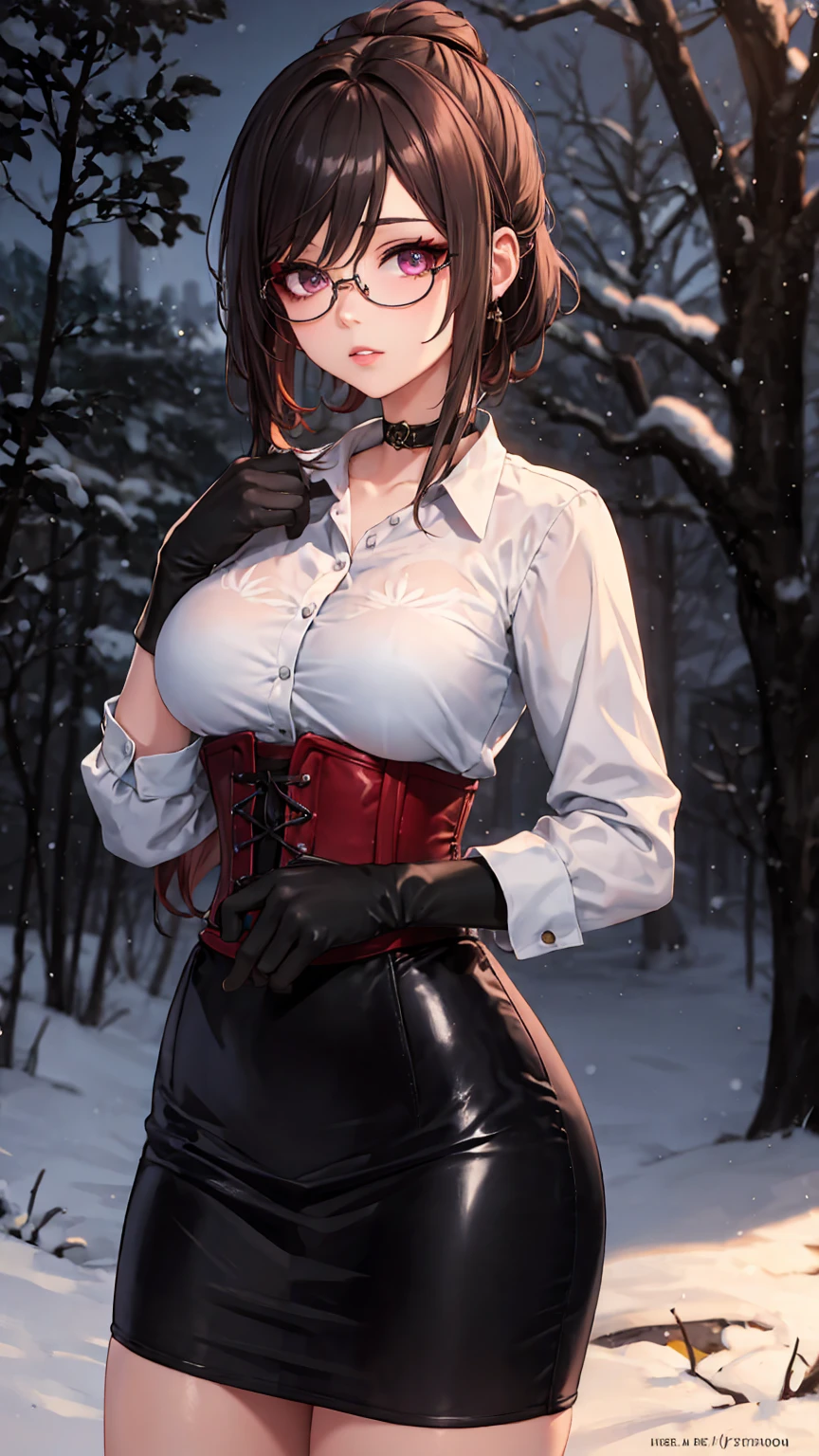 1 girl, Chiori \(genshin impact\), Alone, choker:1.6, White long sleeve shirt with collar, black leather corset, black gloves that cover your hands, shiny black tight mini skirt, shackles, glasses, looking at the viewer, inside, depth of field, expressionless, Sensual Lips , evening de invierno, show details in the eyes, looking at the viewer, Dark road, Snowy forest, evening, Atmosphere, snow