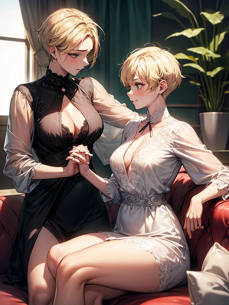 (Mother and little son:1.4), nsfw, Soft and dreamy light, Pale white light, Transparent, 1 female, ((Blonde:1.3), Pixie Cut, Fishtail, Her hair is tied with a red ribbon), Face in perfect detail, Perfectly detailed by hand, (Green Eyes), Parted bangs, (Large Breasts, cleavage:1.2), Charm,Beauty, Long eyelashes, masterpiece, Absurd, Highest quality ,Intricate details , (Shiny skin, Shiny body, Shiny Hair), Adult , Earrings, lift skirt, show off pussy, embarrassed, tomboy, blush, looking at view, troubled eyebrow, , (1boy, , 8 years olired boy:1.3), (Woman is wearing lace shirt:1.2), looking down, looking away, open mouth, (pussy juice:1.2), spoken heart, wet sweat, dripping, window,  spread legs, Mother and son are sitting next to each other on the sofa, Boy looking at woman, living room, sofa, smile, They are holding hands