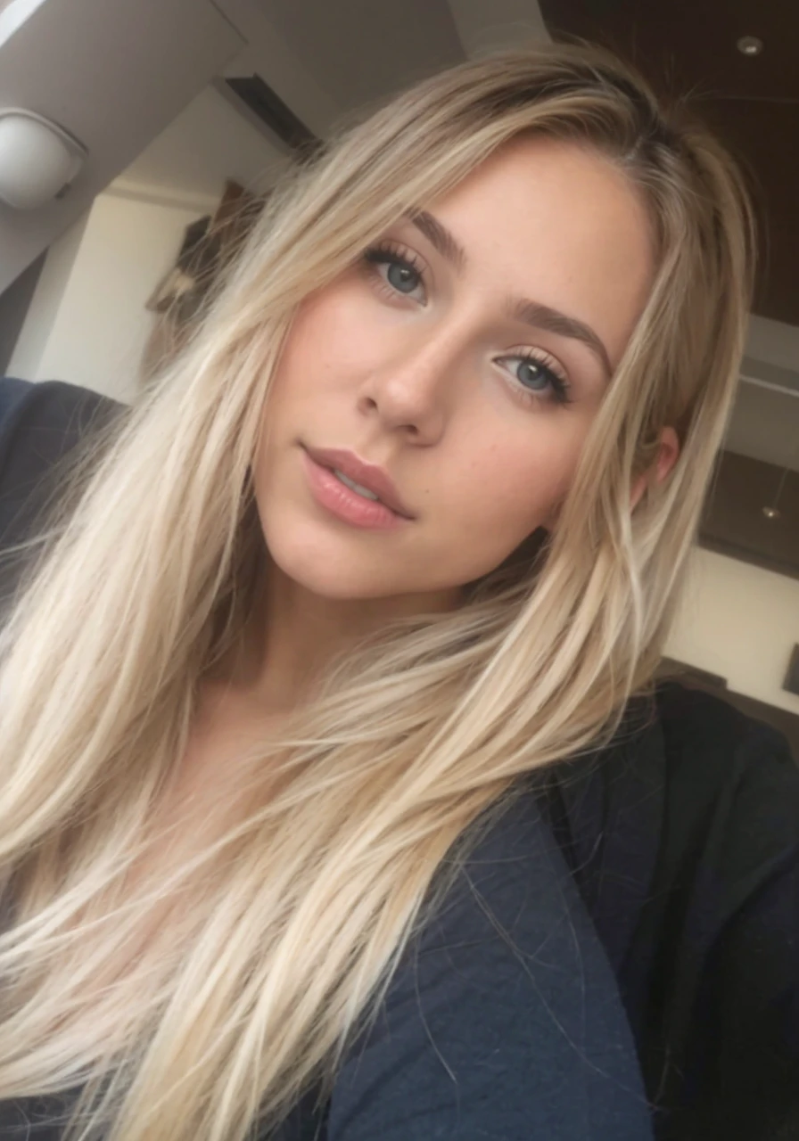 A 23-year-old blonde woman, ((pechos grandes)), ((hiperrealismo)) ,. blonde hair with light brown roots. cabello rubio, Hair with brown roots, cabello extra largo, cabello muy largo, really long hair, ponytail hair, Beautiful, Front view, selfie, photo taken with iPhone, elegant escote, escotada, selfie lake, high quality, selfie iPhone, cleavage