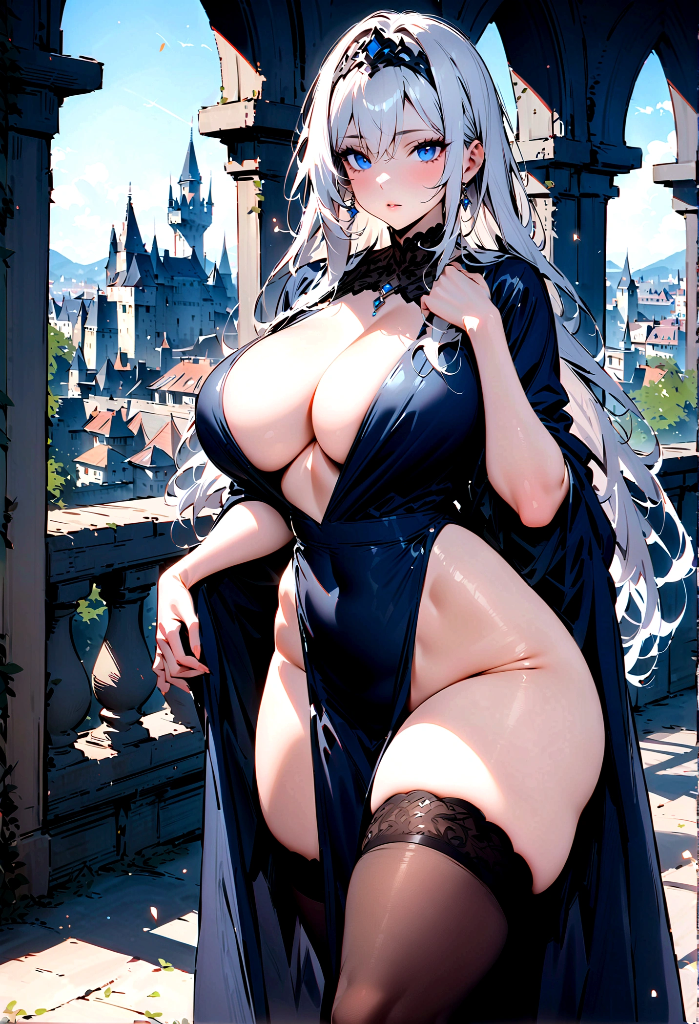 (milf, 30 year old woman), (highres, masterpiece:1.2), white hair, robe, (large breasts), thick thighs, standing, pelvic curtain, tiara, thighhighs, blue eyes, expressionless, long hair, castle in background, balcony