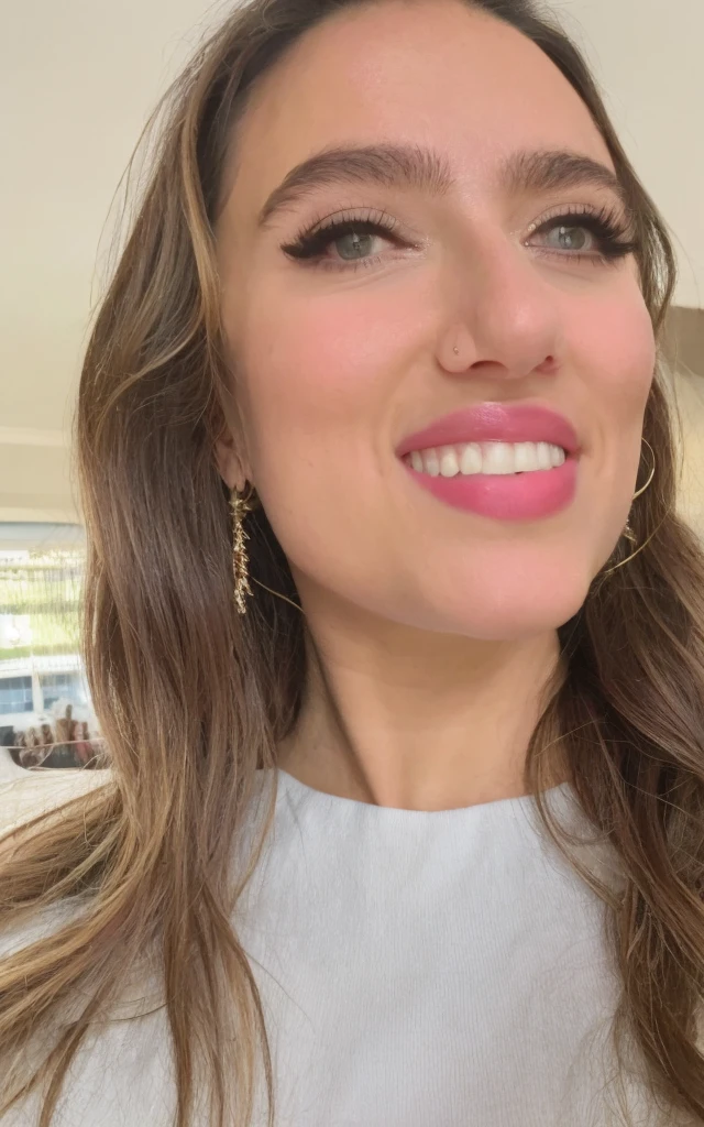 Довольно красивая русская девушка делает selfie, looking at the camera , selfie, LF, Very detailed, 19 years, innocent face, Brown hair, naturally wavy hair, Brown eyes, A high resolution, masterpiece, へそが見えている