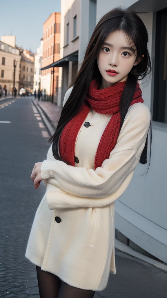 1 Woman, 24 years oF age, (Cute Face), (Ideal body proportions), Modern old town landscape, (Lolita clothing), (((Red muFFler))), wet, White skin, Slender, Black Hair, Pantyhose， Surrealism, light, F/1.8, 135 mm, precise, Anatomically correct, Textured Skin, Super Detail, High Detail, high quality, The award-winning, best quality, high resolution, 8K