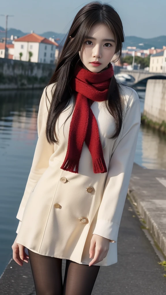 1 Woman, 24 years oF age, (Cute Face), (Ideal body proportions), Modern old town landscape, (ta clothing), (((Red muFFler))), wet, White skin, Slender, Black Hair, Pantyhose, Surrealism, light, F/1.8, 135 mm, precise, Anatomically correct, Textured Skin, Super Detail, High Detail, high quality, The award-winning, best quality, high resolution, 8K