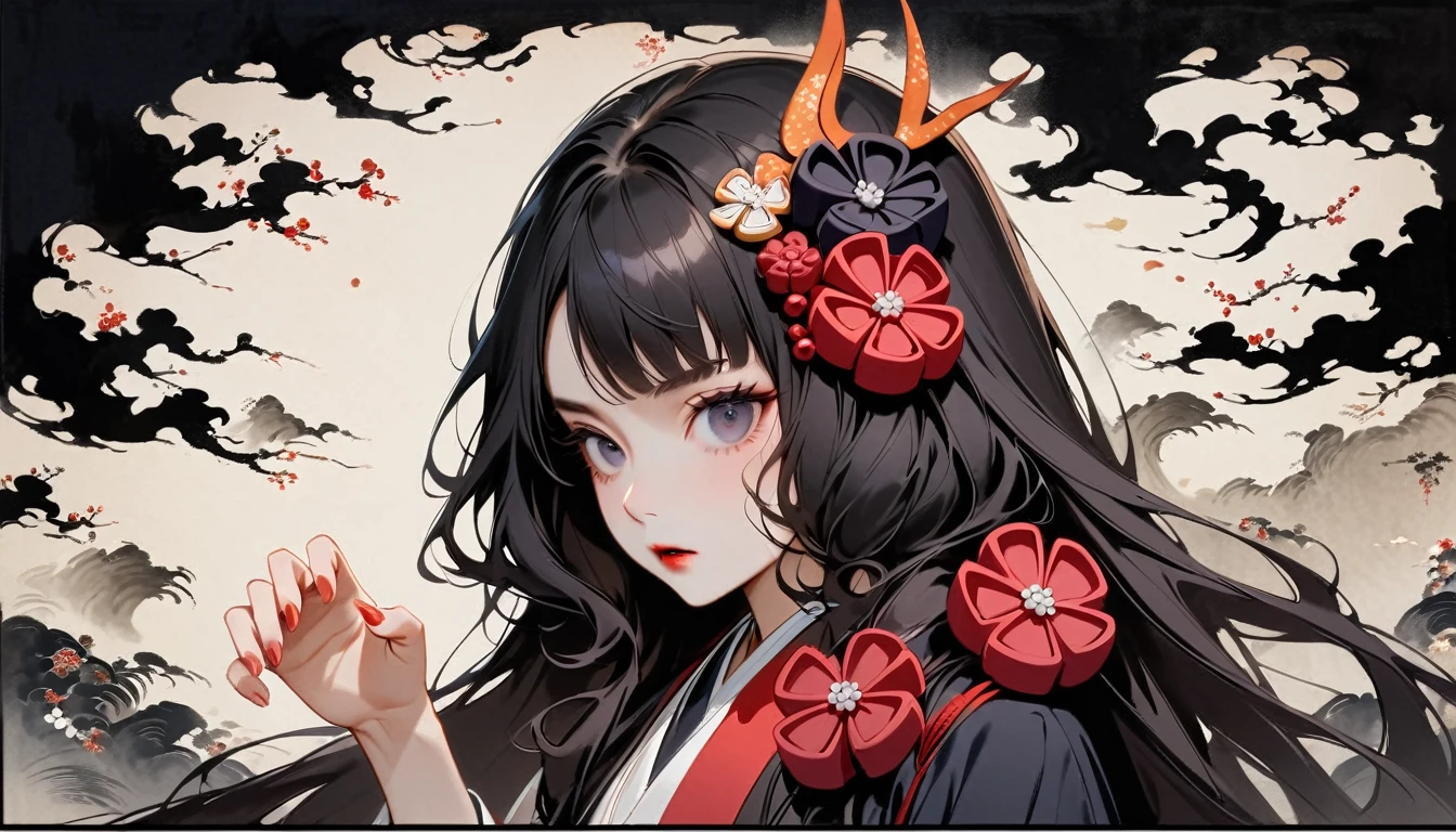 (((Horror elements))), (((claw pose))), (((Highest quality))), (((Katsushika Hokusai))), (((Ink Painting))), ((very straight longhair)), ((1 girl)), ((Gorgeous hair accessories)), ((Beautiful girl possessed by a demon)), Japanese style headphones, Black Hair, Delicate and precise, Modern ukiyo-e style, head shot