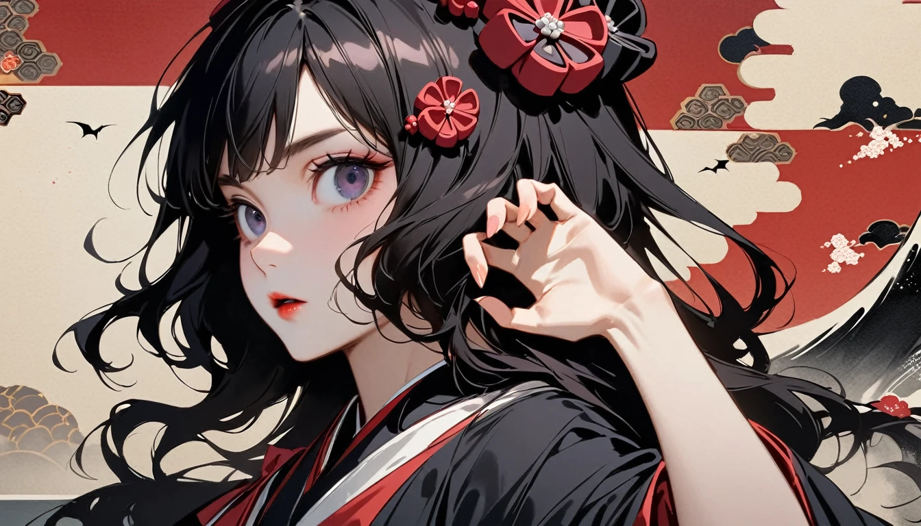 (((Horror elements))), (((claw pose))), (((Highest quality))), (((Katsushika Hokusai))), (((Ink Painting))), ((very straight longhair)), ((1 girl)), ((Gorgeous hair accessories)), ((Beautiful girl possessed by a demon)), Japanese style headphones, Black Hair, Delicate and precise, Modern ukiyo-e style, head shot