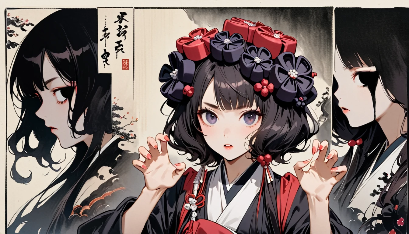 (((Horror elements))), (((claw pose))), (((Highest quality))), (((Katsushika Hokusai))), (((Ink Painting))), ((very straight longhair)), ((1 girl)), ((Gorgeous hair accessories)), ((Beautiful girl possessed by a demon)), Japanese style headphones, Black Hair, Delicate and precise, Modern ukiyo-e style, head shot