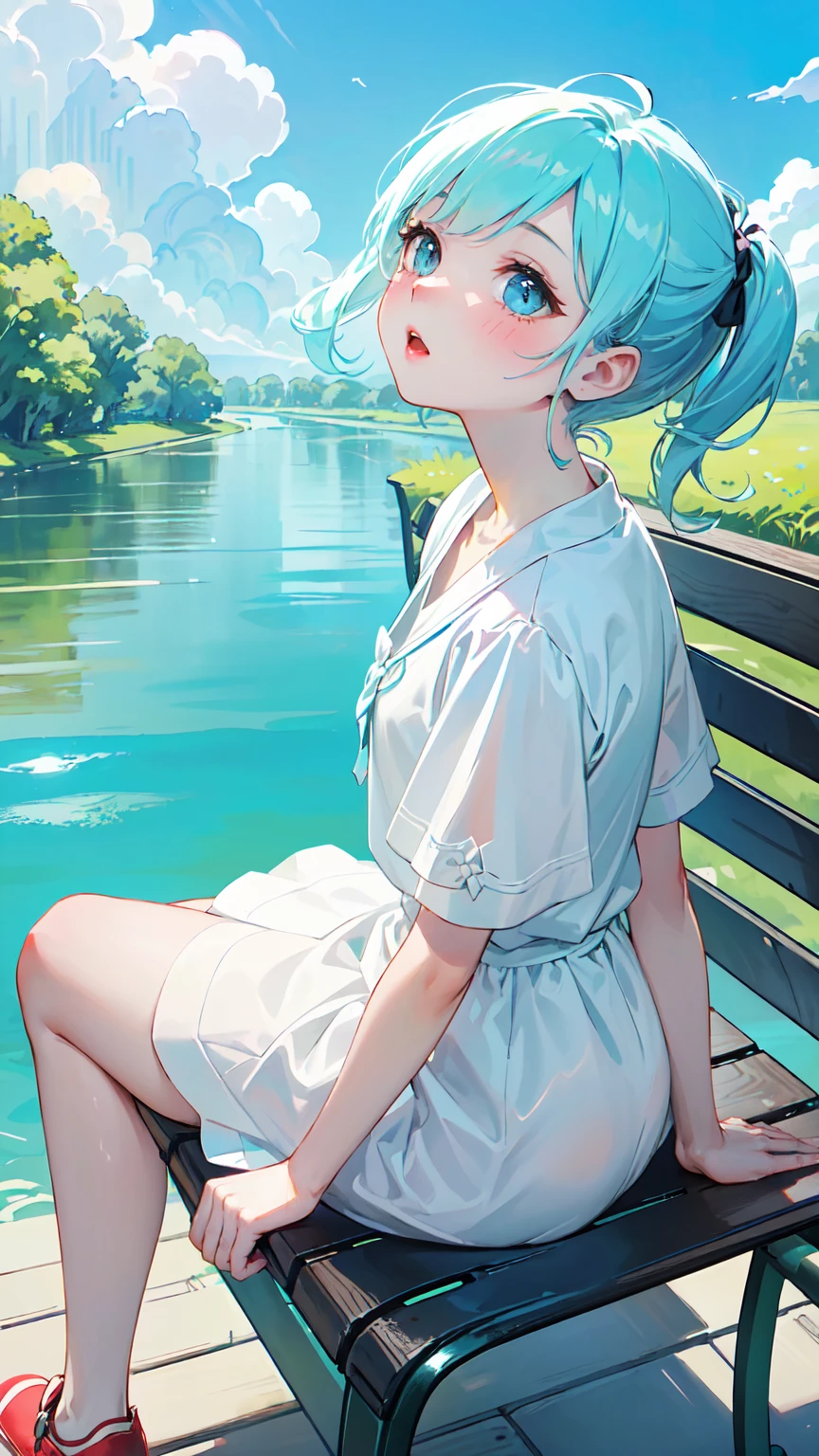 finely detailed illustration, best quality, masterpiece, vibrant color,13 years old、pretty girl、(((Sitting on a bench looking up at the sky:1.37、Girl sitting on the floor looking up at the sky:1.2、Look at the sky:1.37)))、One beautiful girl、Extremely delicate facial and skin texture、White Summer Knitwear、Black long skirt、Everyday Scenes、Pleasant sunshine、In perfect harmony with nature、relaxation、(((Parks by the river、blue sky、White cloud、Summer day)))、Young people、15 years old、Summer vacation、Highest quality、masterpiece