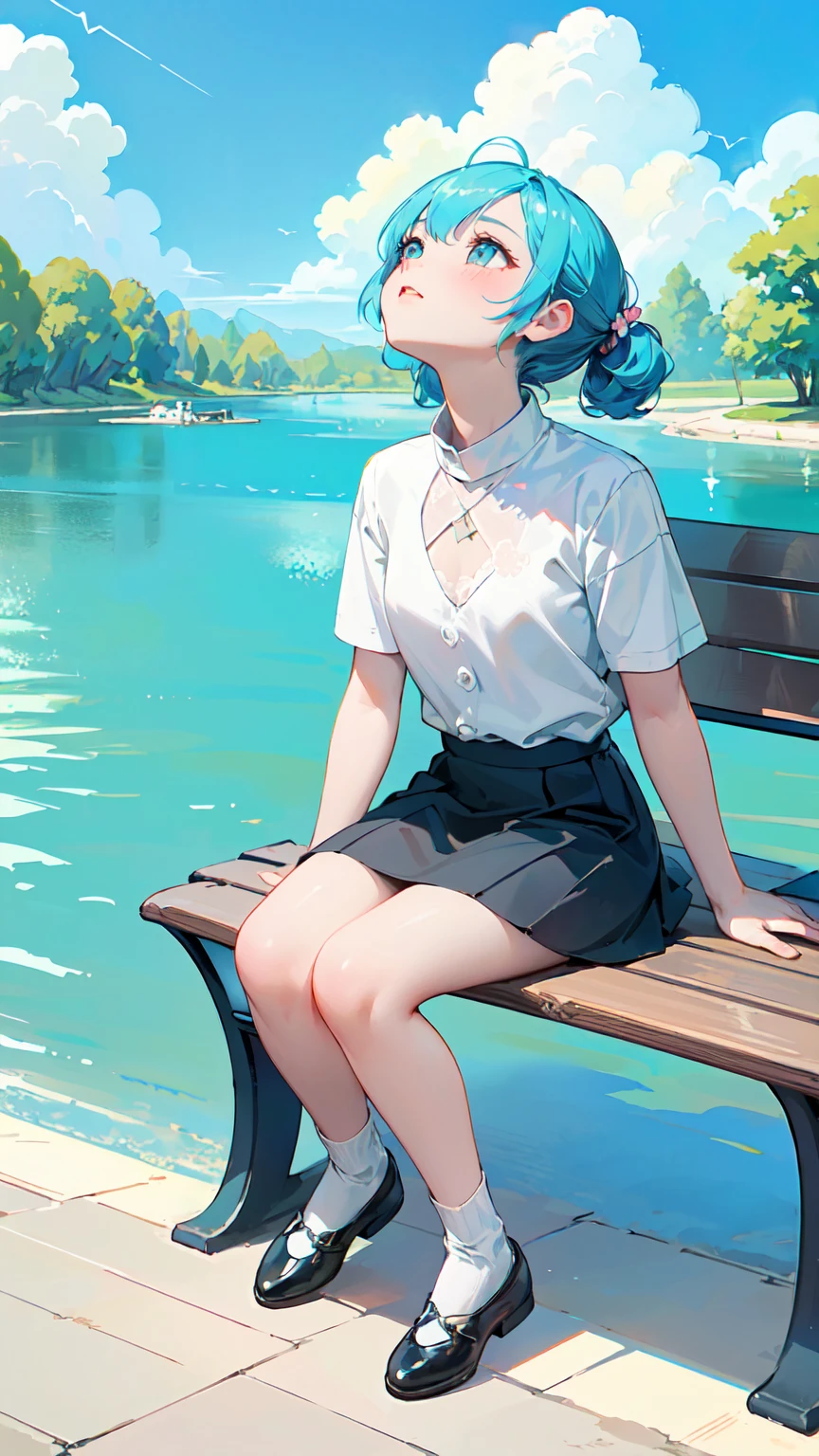 finely detailed illustration, best quality, masterpiece, vibrant color,、pretty girl、(((Sitting on a bench looking up at the sky:1.37、Girl sitting on the floor looking up at the sky:1.2、Look at the sky:1.37)))、One beautiful girl、Extremely delicate facial and skin texture、White Summer Knitwear、Black long skirt、Everyday Scenes、Pleasant sunshine、In perfect harmony with nature、relaxation、(((Parks by the river、blue sky、White cloud、Summer day)))、Young people、15 years oldtion、Highest quality、masterpiece