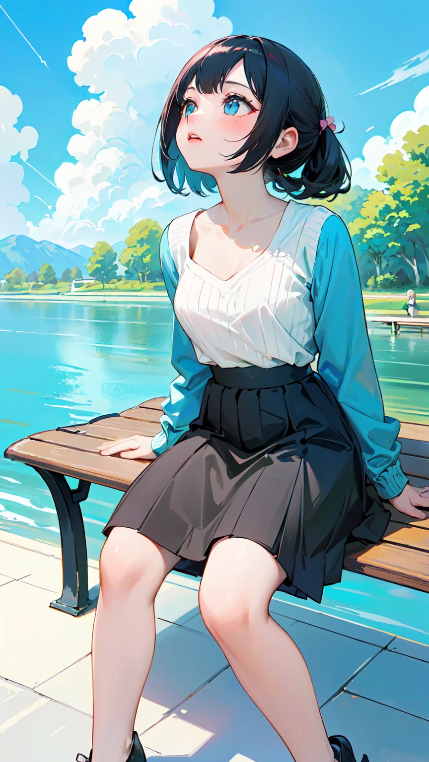 finely detailed illustration, best quality, masterpiece, vibrant color,、pretty girl、(((Sitting on a bench looking up at the sky:1.37、Girl sitting on the floor looking up at the sky:1.2、Look at the sky:1.37)))、One beautiful girl、Extremely delicate facial and skin texture、White Summer Knitwear、Black long skirt、Everyday Scenes、Pleasant sunshine、In perfect harmony with nature、relaxation、(((Parks by the river、blue sky、White cloud、Summer day)))、Young people、15 years oldtion、Highest quality、masterpiece