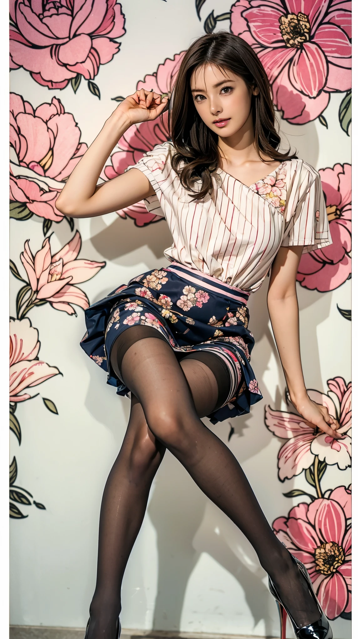 Hipsters,piece stockings,Jelly texture,wispy hair,the best quality t,Highest resolution,Tindal Effect,((exquisit facial detail)),floral dress,Ultraclear,detail portrayal,detail legs,Greasy skin,Cinematic texture,best Quality,Stylish and cool,,cover of a magazine,FASHION,The color is bright,(((Layering,sense of space,Advanced composition))),long fluttering hair,Stand,gorgeous colors,high satur,Chuckle