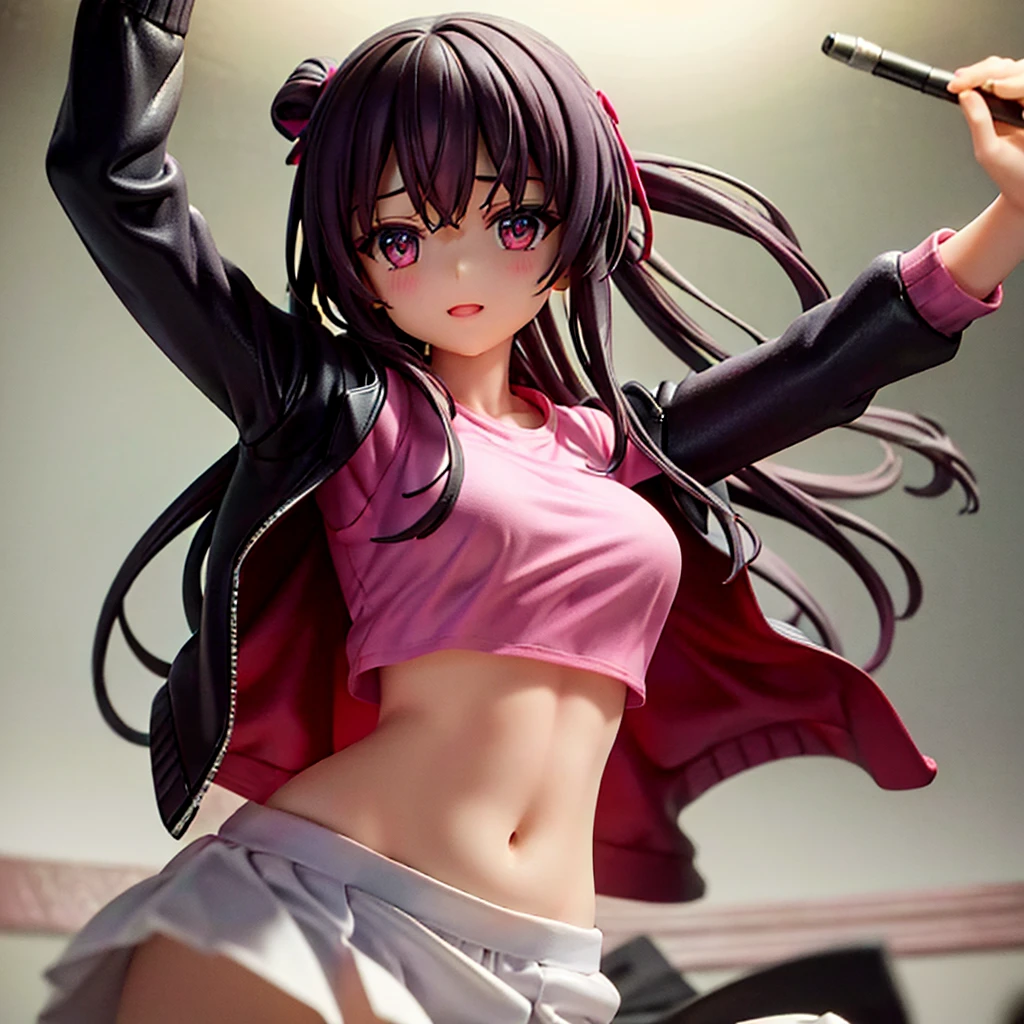 masterpiece, best quality, 1girl, upperbody, jirou, detailed eyes, pink shirt, black jacket, torn clothes, concert, (stage)