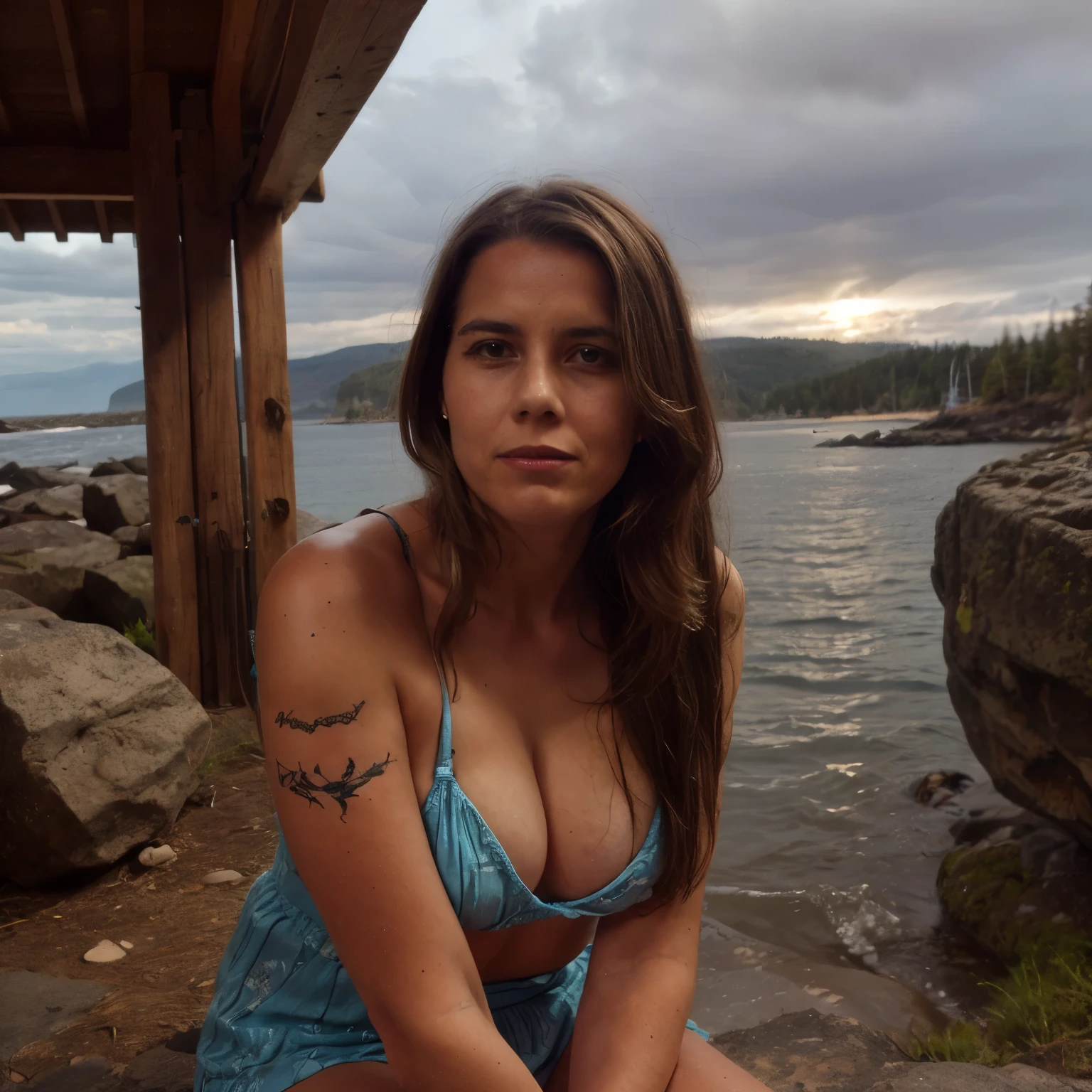 Bad Weather
A young freundliche good mood slightly smiling Native American woman sits by the edge of the British Columbia seashore, her face showing resilience as she faces the stormy weather. The temperate rainforest is far in the background, with the snow-capped peaks of the Rocky Mountains visible in the distance.

Around her, traditional Coast Salish tipis made from wood and covered with animal hides are set up. These conical structures are constructed from bison and deer hides, adorned with intricate beadwork and traditional symbols. Short tree stumps and large stones are arranged as seating near the tipis. The camp is bustling with activity as other members of the Coast Salish tribe engage in various tasks.

The woman wears authentic Native American clothing typical of her tribe, including a fringed deerskin dress decorated with beadwork and traditional symbols. Her long, black hair is braided and adorned with colorful beads and feathers. Her light blue eyes and full lips stand out against her sun-kissed skin, framed by high cheekbones and expressive eyebrows. She has a traditional tattoo, an intricate design that tells a story of her heritage.

The beach scene is dramatic, with large waves crashing against the rocky shore and rain pouring down. The sky is dark and cloudy, and the wind whips through the camp, rustling the hides of the tipis. The rocky beach leads to the turbulent, cold waters of the Pacific Ocean on the left. The dense foliage of the British Columbia rainforest is on the right, providing a stark contrast to the stormy scene. The snow-capped peaks of the Rocky Mountains are visible in the far distance, adding to the majesty of the landscape. This scene captures the essence of traditional Coast Salish life, showcasing their resilience and connection to nature.