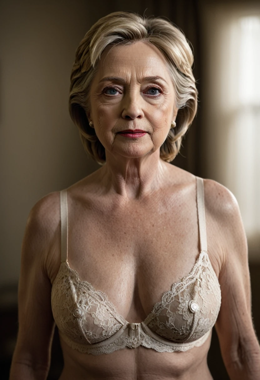 (full body shot), Hillary Clinton, 72 year old woman, wrinkled skin, pale skin, naked, freckles, laying in silky bed, (massive saggy breasts), happy,bokeh,f1.4,40mm,photorealistic,raw,8k,skin pores,dried-up,textured skin,intricate details,dramatic light,award winning,style by Dan Winters,RAW photography,film grain,(indistinguishable from reality:1.4),photo taken with a Bolex H16,captivating eyes,charming,striking features,character,thorough,