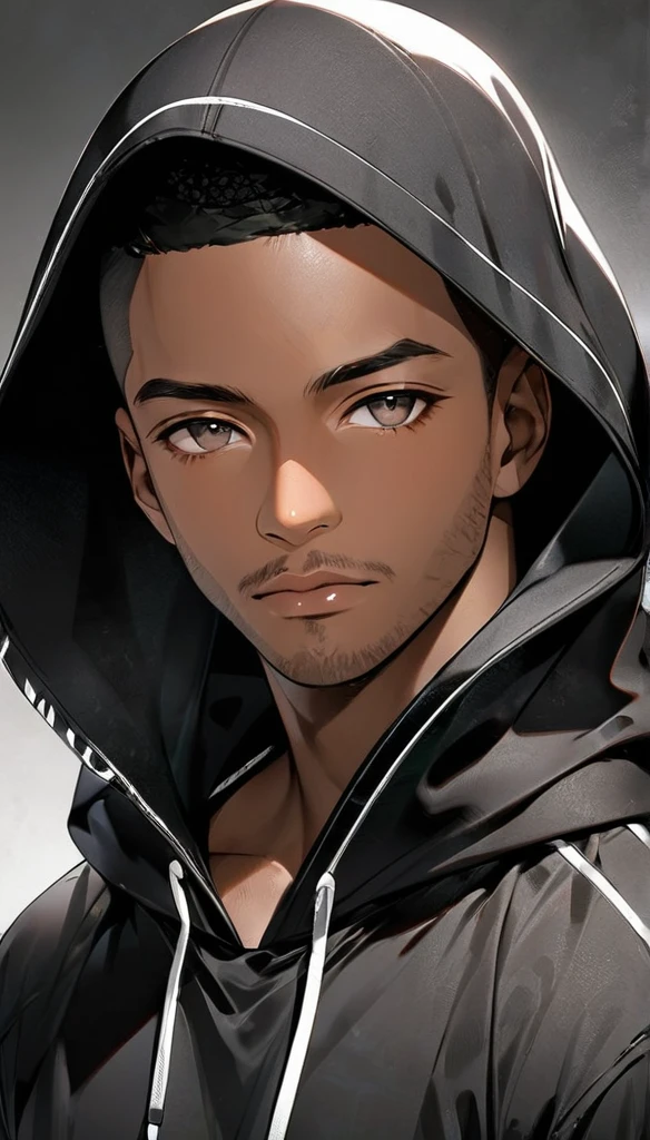 Black man with hood and black shirt.