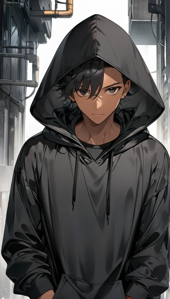 Black man with hood and black shirt.