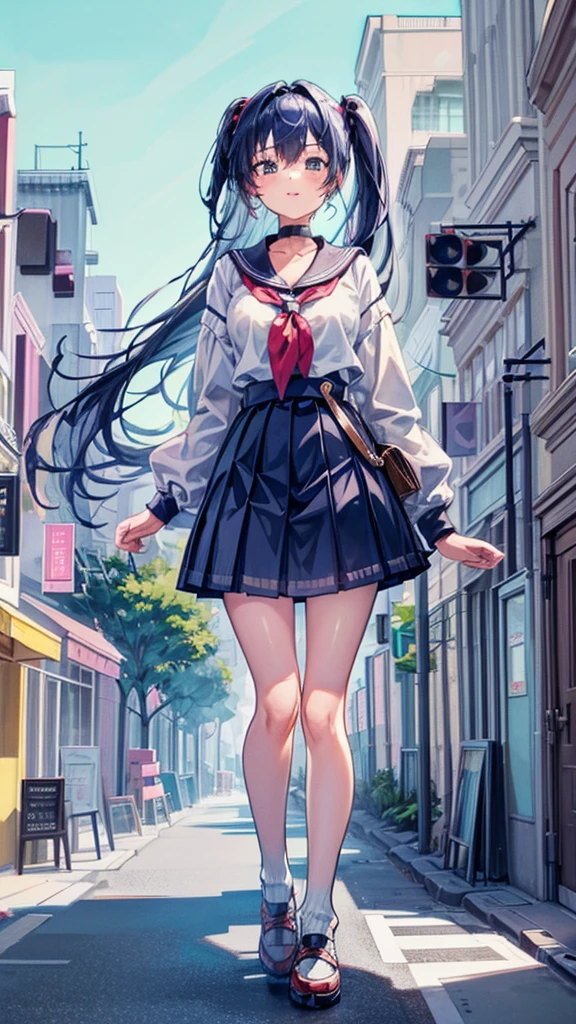 Knot Unreal Engine Anime Style Delicate painting 4K 90's giant Multiple Girls crowd School building City School buildingの谷間に立っている巨大な女子高生 school uniform Sailor suit skirt Black Hair smile female giant giant girl Whole body skyscrapers cars Crowd Unreal Engine,cleavage ,a drawing of a , earrings, long hair, 1980s (style) Cute picture Beauty Analog style whole body sneakers