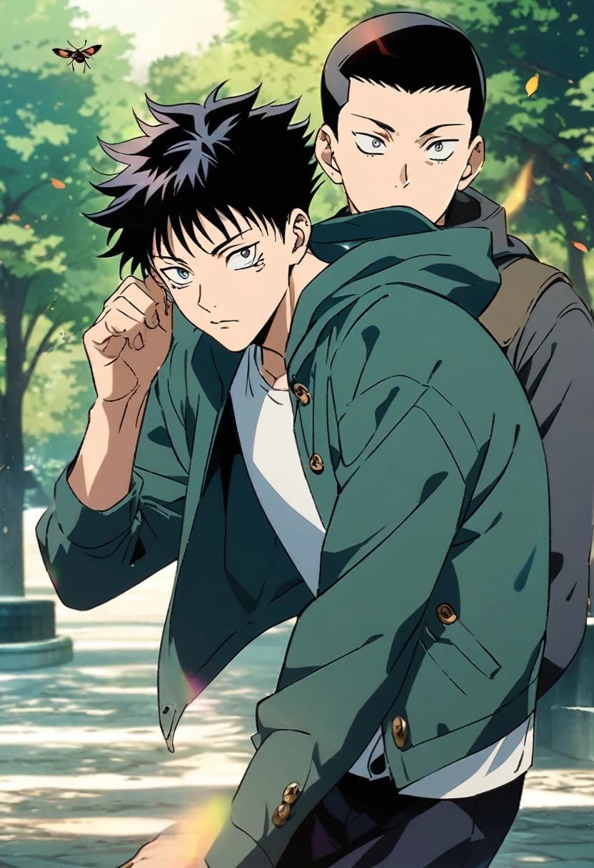 young male, dark short hair, dark green open hoodie, bug theme, eye bags, park background, friendly, jujutsu kaisen artstyle
