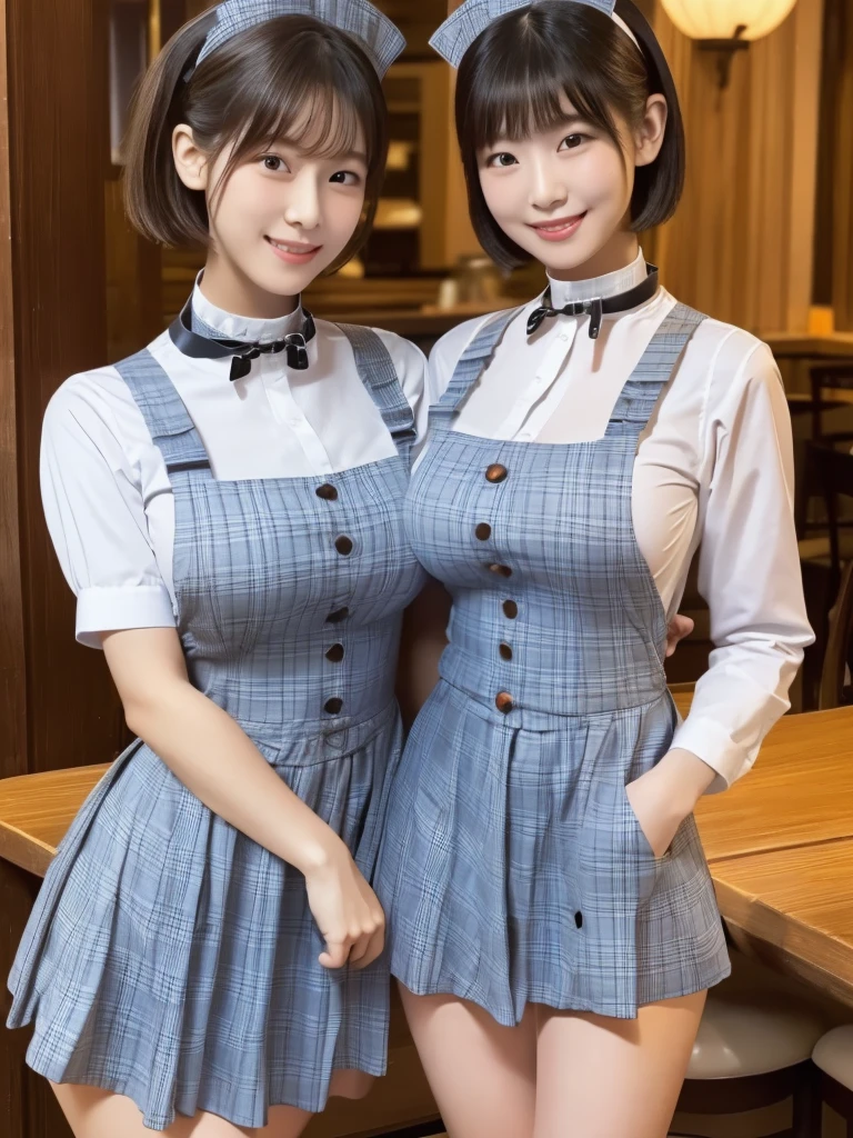 Highest quality、masterpiece、、Very detailed、Realistic、(Two Girls)、(Looking at me with a mischievous smile)、whole body、Small face、Narrow shoulders、(Big Breasts)、Thin and beautiful legs、Tight and slim waist、(Waitress uniform with buttons and collar:1.2)、(Light blue plaid mini skirt:1.1)、Short Hair、(Erect nipples:1.1)、apron、restaurant