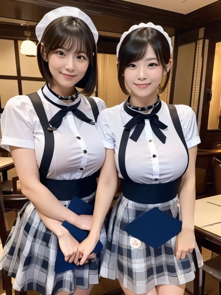 Highest quality、masterpiece、、Very detailed、Realistic、(Two Girls)、(Looking at me with a mischievous smile)、whole body、Small face、Narrow shoulders、(Big Breasts)、Thin and beautiful legs、Tight and slim waist、(Waitress uniform with buttons and collar:1.2)、(Light blue plaid mini skirt:1.1)、Short Hair、(Erect nipples:1.1)、apron、restaurant