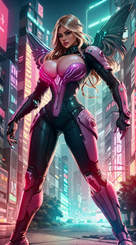 a valkyrie woman in a futuristic cyberpunk neon city, detailed facial features, high-tech bodysuit, gloves and boots, large cleavage, full body dynamic sexy pose, highly detailed tech futuristic armor, digital art, cinematic lighting, vivid colors, 8k, photorealistic