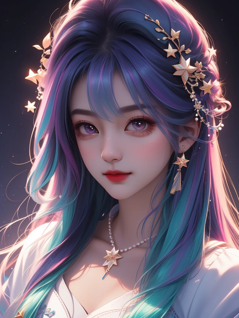 best quality, masterpiece, high resolution, 1 Girl,flirtatious,Seven colored hair,(Charming smile:0.8),Star-shaped pupil,china hanfu,Hair accessories,necklace, Jewelry,Pretty Face,Above_Body, Tyndall effect,Reality, Dark Studio, Rim Light, Two-tone lighting,(High Detail Skin:1.2), 8K uhd, Digital SLR Camera, Soft lighting, high quality, Volumetric Lighting, frank, photo, high resolution, 4K, 8K, Bokeh