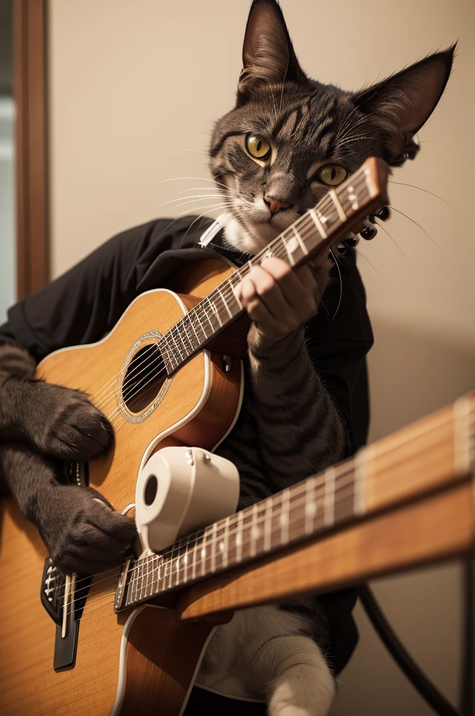 A cat with an elephant playing the guitar 
