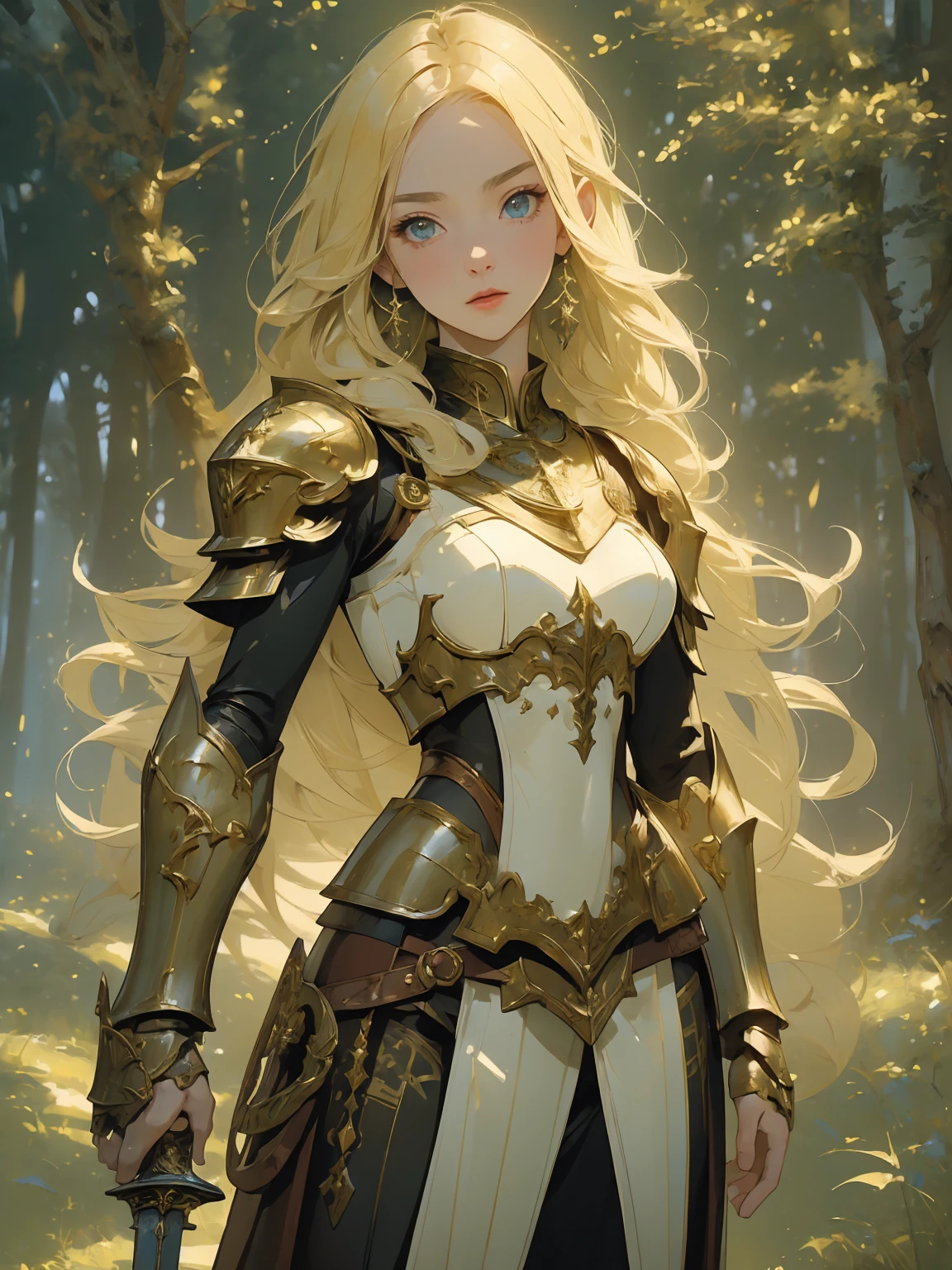 (((masterpiece, best quality)))fantasy, epic, movie poster-style illustration, a girl standing in armor, with a dynamic and magical background, featuring prominent and well-designed typography elements,standing, confident, determined, wielding a sword, epic title, magical forest, glowing runes, bold text
