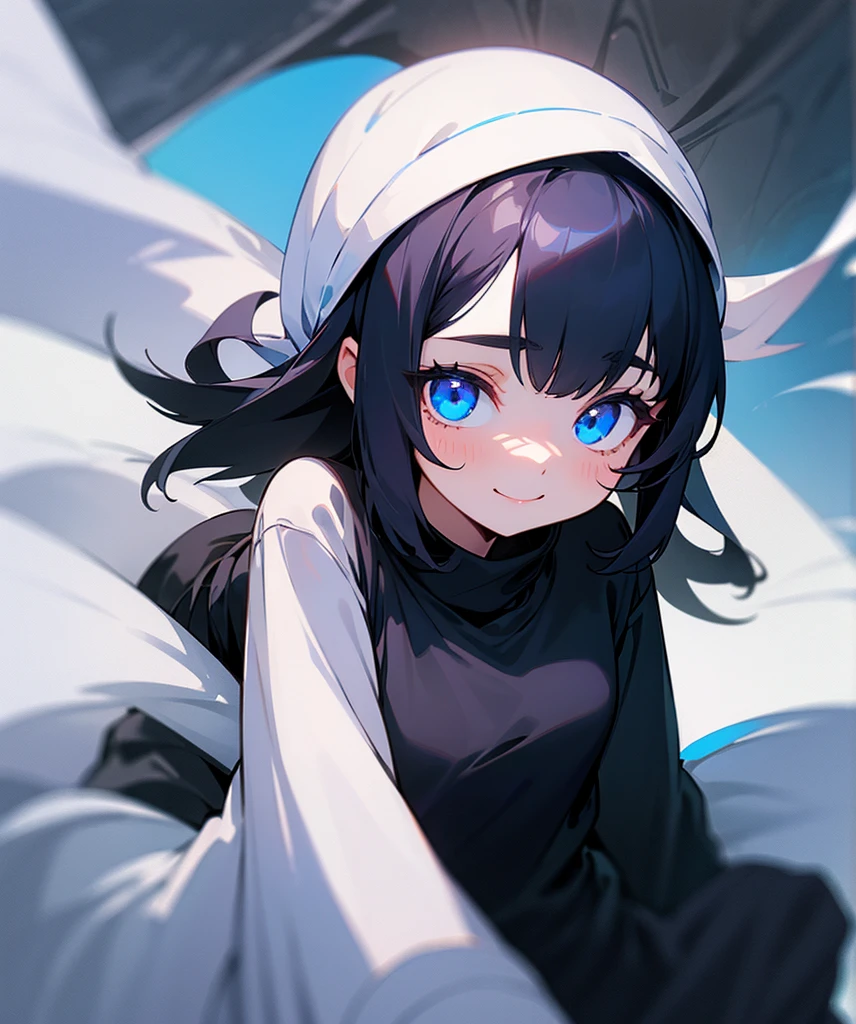 a small yound girl with black hair and blue eyes and she is smiling, she is wearing black clothings with a thick white sweater that is open over her shirt