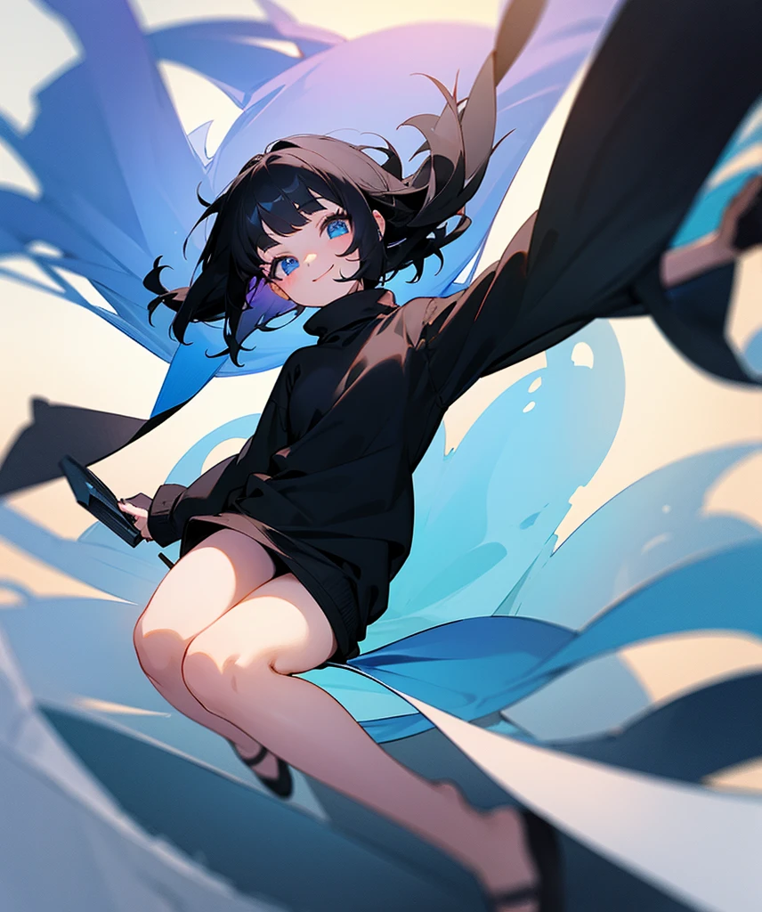 a small yound girl with black hair and blue eyes and she is smiling, she is wearing black clothings with a thick white sweater that is open over her shirt