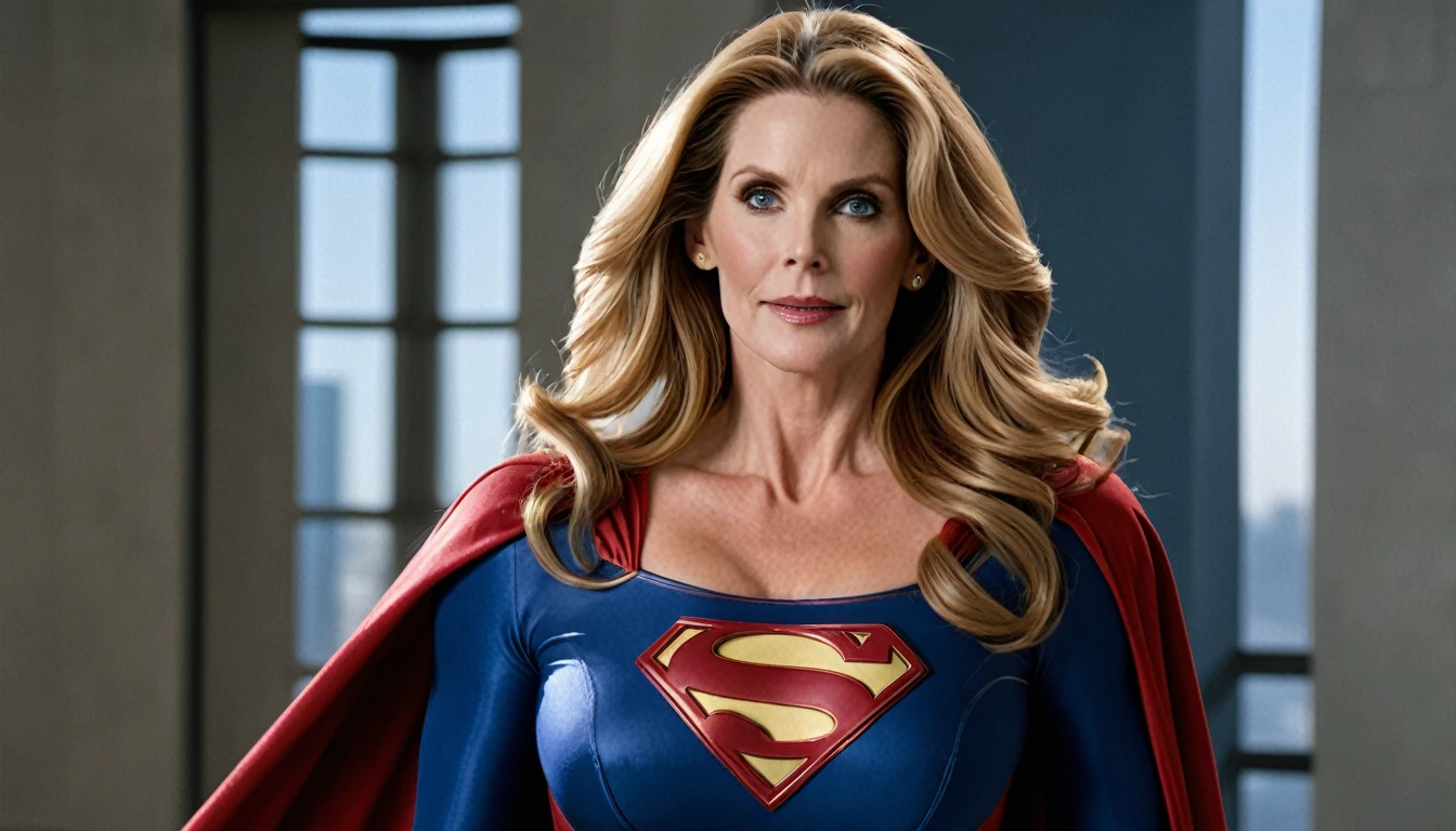 strong Julie Hagerty Supergirl; big and strong breasts. HD. Photograph, ((realism)), extremely high quality RAW photograph, ultra detailed photograph, sharp focus, high resolution, (detailed skin:1,3),high quality, film grain, Fujifilm XT3,Highly Detailed, movie, (Cinematic Photo:1.3) of (Realistic:1.3)