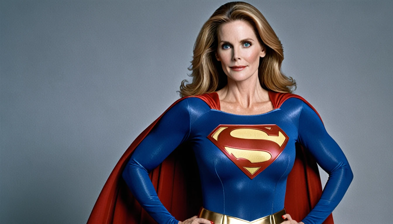 strong Julie Hagerty Supergirl; big and strong breasts. HD. Photograph, ((realism)), extremely high quality RAW photograph, ultra detailed photograph, sharp focus, high resolution, (detailed skin:1,3),high quality, film grain, Fujifilm XT3,Highly Detailed, movie, (Cinematic Photo:1.3) of (Realistic:1.3)