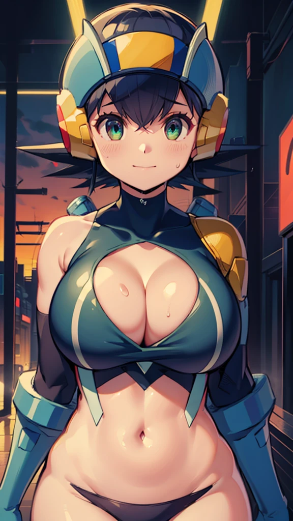 (tmasterpiece:1.2, Best quality), actual, (Real pictures, Complicated details, depth of fields), tmasterpiece, Best quality, Giant Breast Girl, MegaMan, black hair color hair, close your mouth, Close-up cleavage, Green-eyed, shelmet, looking at viewert, ssmile, Alone, natta, city light, nigh sky, Cyberpunk city setting, White skin of the, thicc, Colossal tits, Crazy breast swelling, Chest larger than shoulder blades, Hourglass figure, Pelvis larger than shoulder blades, Fitness model, Ruddy cheeks, breath through, sweaty, drenched all over the body, the clothes are soaked, wheezing