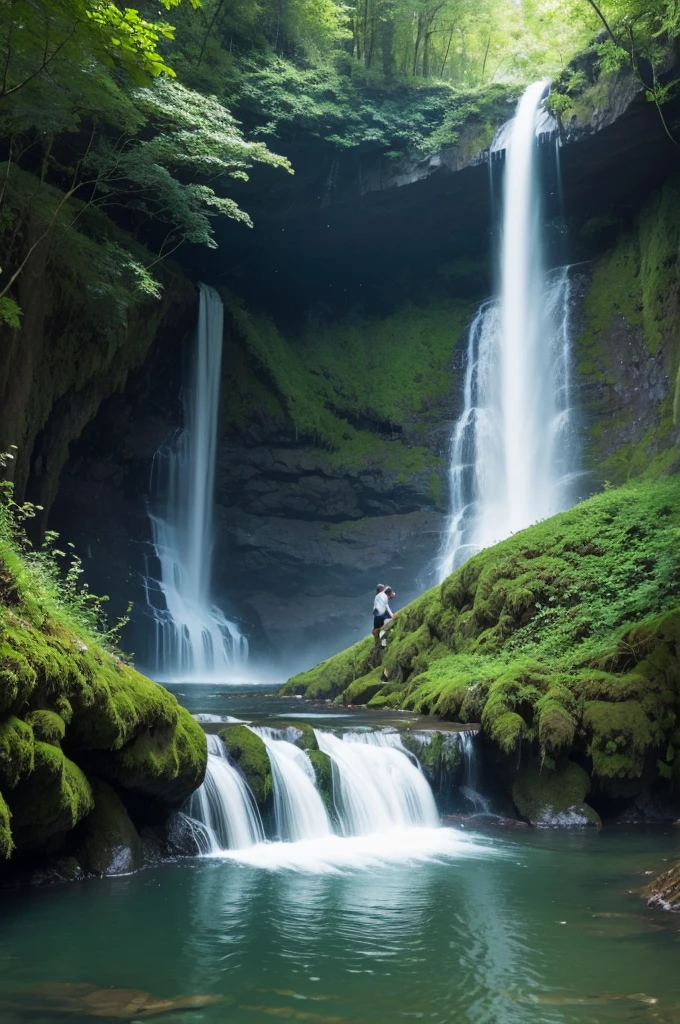 Create for me a moving image. From a forest with a waterfall
