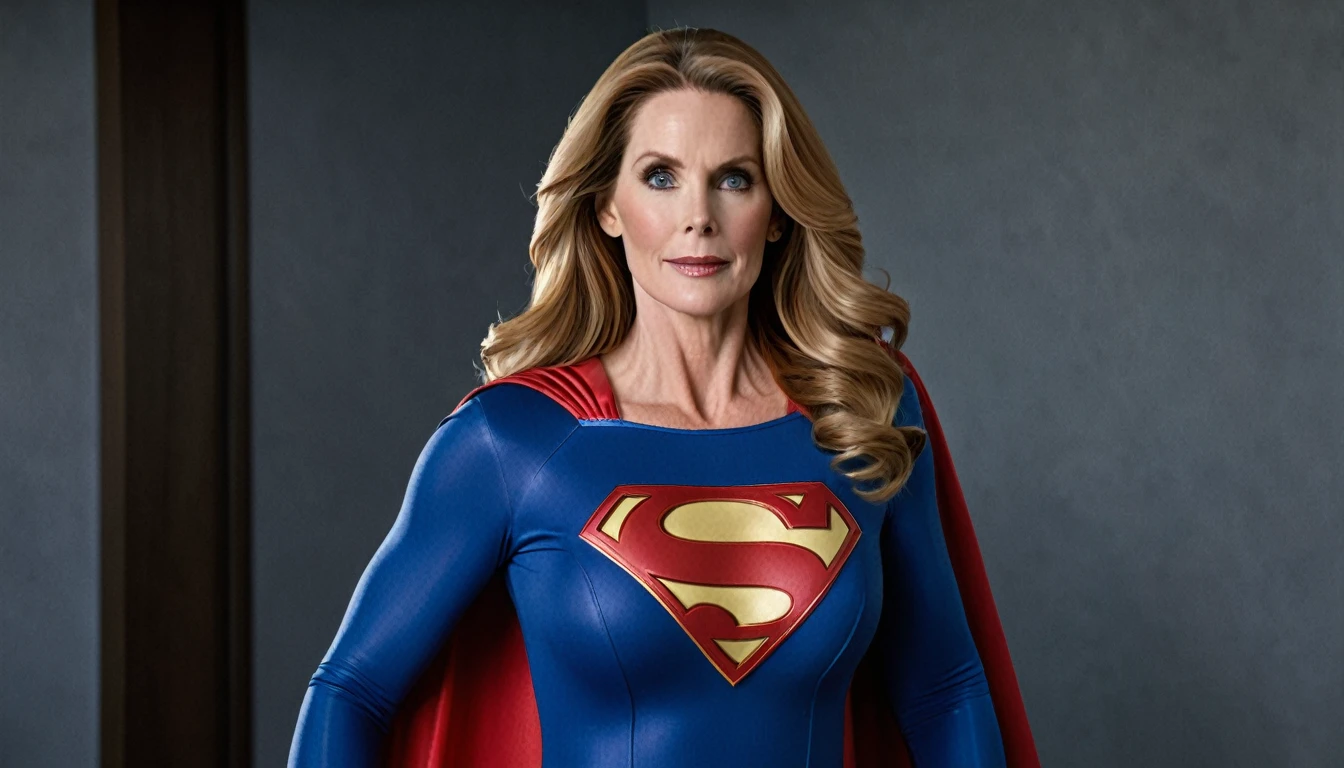 strong Julie Hagerty Supergirl; big and strong breasts. HD. Photograph, ((realism)), extremely high quality RAW photograph, ultra detailed photograph, sharp focus, high resolution, (detailed skin:1,3),high quality, film grain, Fujifilm XT3,Highly Detailed, movie, (Cinematic Photo:1.3) of (Realistic:1.3)