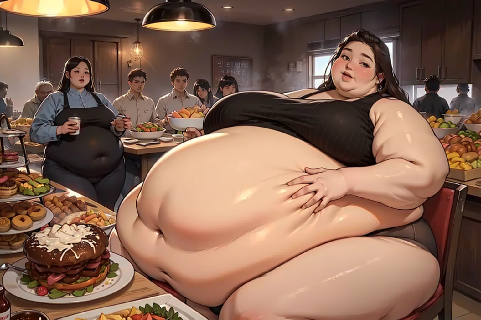 (masterpiece, detailed, realistic:1.2), korean woman, young, ager, USSBBW, (morbidly obese, fatblob:1.2), (gigantic belly:1.3), (detailed face, beautiful face), high aesthetic, eating junk food, panties, surrounded by concerned friends, restauraunt