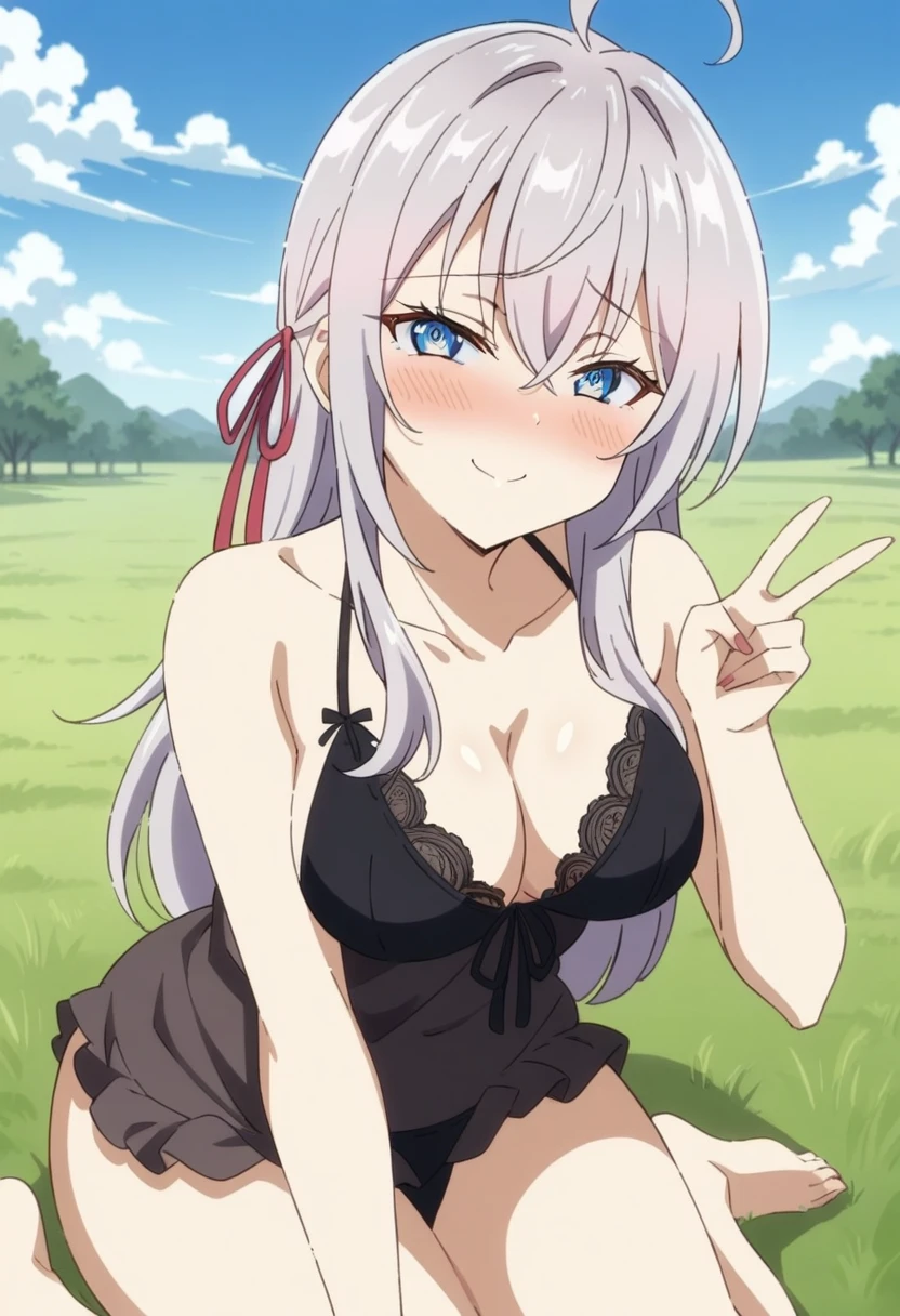 (anime art style:0.5), 2d, masterpiece, best quality, very aesthetic, absurdres, dynamic shadows, atmosferic, alisa_mikhailovna, (1girl), (grey hair), long hair, blue eyes, detailed eyes, ahoge, hair between eyes, bangs, medium breasts, curvy body, makeup, ((intense blush)), cleavage, collarbone, (sexy smile), red hair ribbon, black lingerie, lace-trimmed lingerie, nightgown, see-throught, sexy smile, (upper body), wariza, (v), looking at viewer, grass, clouds, sky