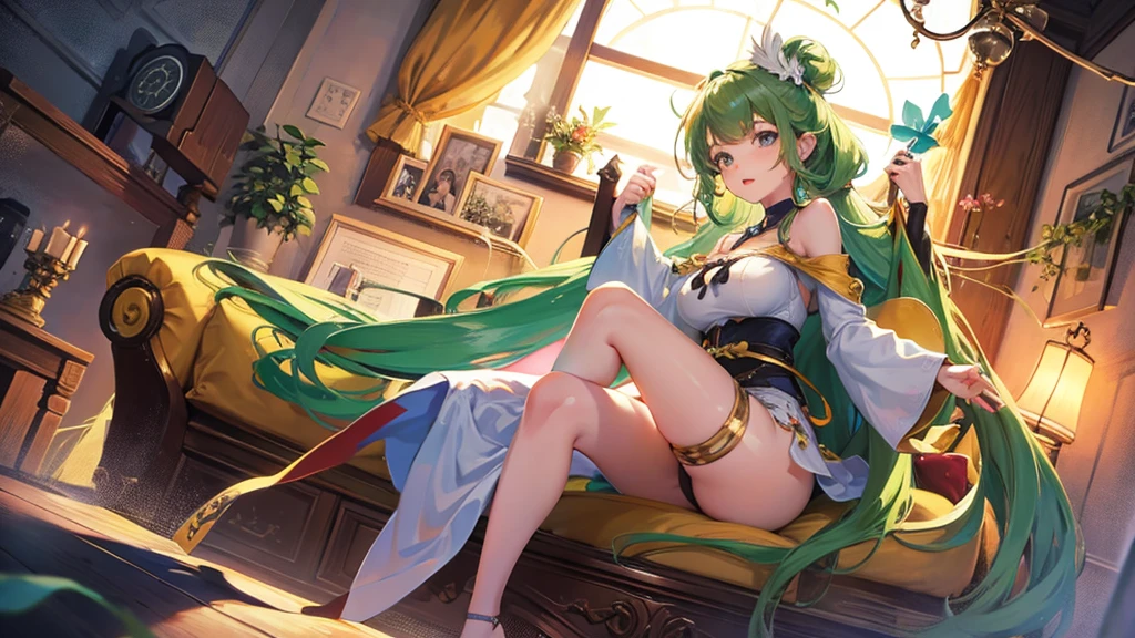 NSFW,((1man with 1woman,Having sex)),light green hair,Green and white dresses are decorated with gold ornaments，small tits,Lori,tiny girl,Tiara on the head,Curvaceous,Whip thighs,garter strap,white knee-socks,Light and dignified, Cute, Top image quality,masutepiece